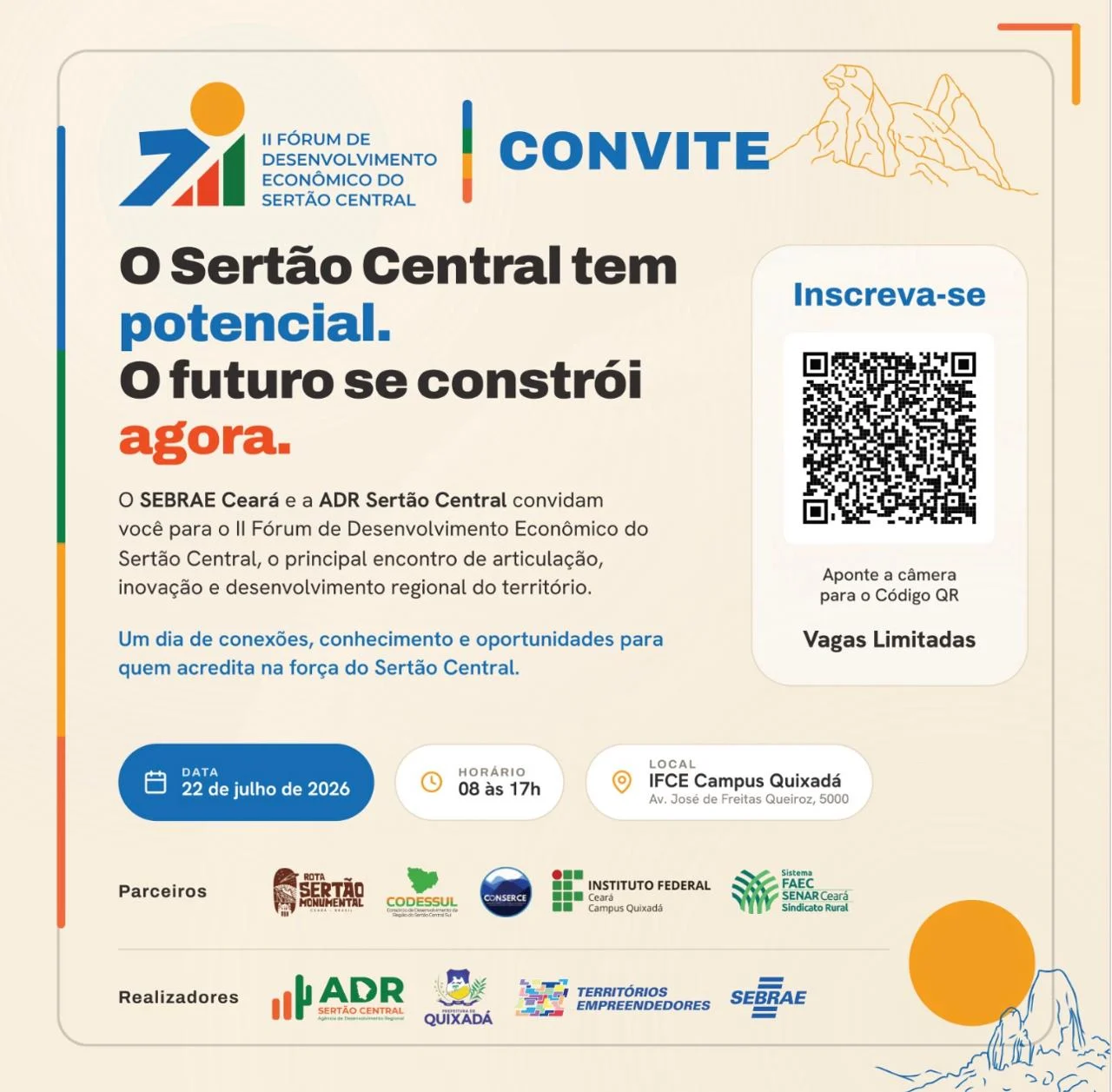 Convite para o II Fórum de Desenvolvimento Econômico do Sertão Central — 22 de julho de 2026, IFCE Campus Quixadá. Inscrições gratuitas, vagas limitadas.